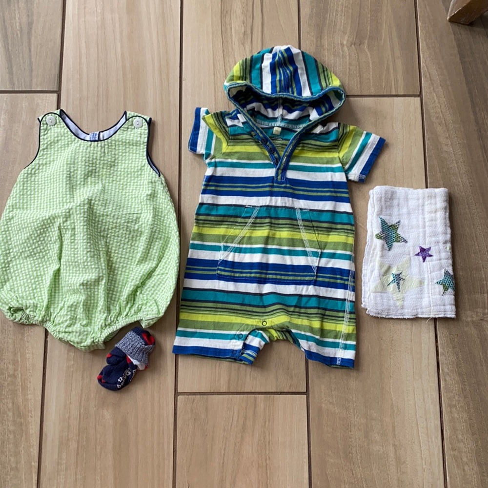 Baby boys romper, bubble, burp cloth, sock bundle, orient expressed inc